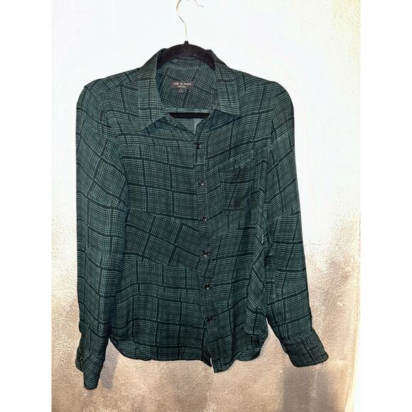 Rag & Bone Academia Grunge 100% Silk Black & Green Plaid Button Up Top  Blouse - Picture 2 of 12